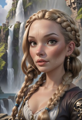 1girl,solo,long hair,breasts,looking at viewer,open mouth,blonde hair,brown hair,cleavage,brown eyes,jewelry,medium breasts,collarbone,upper body,braid,sweat,earrings,small breasts,outdoors,parted lips,sky,teeth,day,tongue,artist name,cloud,water,blurry,twin braids,lips,grey eyes,eyelashes,depth of field,blurry background,hair over shoulder,forehead,freckles,realistic,nose,castle,waterfall,crown braid