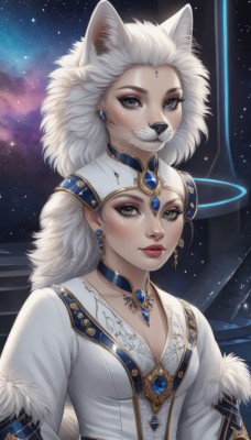 1girl,solo,long hair,breasts,looking at viewer,dress,animal ears,cleavage,jewelry,medium breasts,closed mouth,collarbone,tail,upper body,white hair,earrings,sky,choker,artist name,cat ears,necklace,white dress,lips,animal ear fluff,grey eyes,fur trim,makeup,lipstick,cat girl,brooch,gem,star (sky),starry sky,nose,red lips,space,whiskers,blue gemstone,smile,multiple girls,2girls,eyelashes,facial mark,wolf ears,eyeshadow,realistic