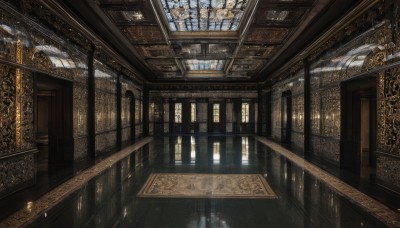 day,indoors,water,no humans,window,sunlight,scenery,reflection,light rays,stairs,architecture,pillar,ceiling,stained glass,church,arch,reflective floor,chandelier,column,wooden floor,fantasy,door,light,hallway