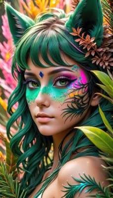 1girl,solo,long hair,looking at viewer,bangs,hair ornament,animal ears,bare shoulders,closed mouth,green eyes,upper body,flower,multicolored hair,green hair,artist name,cat ears,hair flower,blurry,from side,lips,animal ear fluff,fox ears,eyelashes,makeup,blurry background,leaf,watermark,facial mark,plant,lipstick,portrait,web address,extra ears,eyeshadow,freckles,nose,eyeliner,mascara,yellow eyes,wavy hair,facepaint