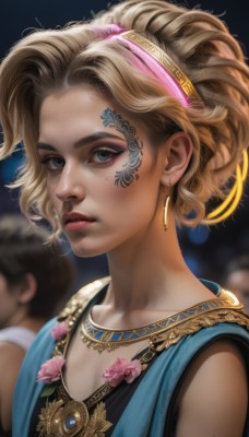 1girl,looking at viewer,short hair,blue eyes,blonde hair,dress,jewelry,closed mouth,collarbone,upper body,flower,hairband,earrings,sleeveless,solo focus,necklace,mole,blurry,lips,grey eyes,eyelashes,tattoo,makeup,depth of field,blurry background,portrait,pink flower,eyeshadow,freckles,realistic,nose,red lips,mascara,solo,eyeliner,facepaint,gold