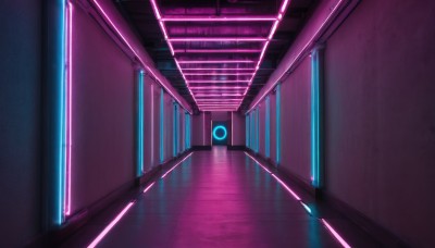 indoors,no humans,glowing,scenery,reflection,science fiction,door,light,hallway,ceiling light,reflective floor,neon lights