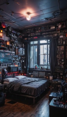 indoors,pillow,book,no humans,window,bed,on bed,chair,table,sunlight,curtains,scenery,science fiction,wooden floor,clock,lamp,cable,computer,bedroom,realistic,aircraft,monitor,spacecraft,wire