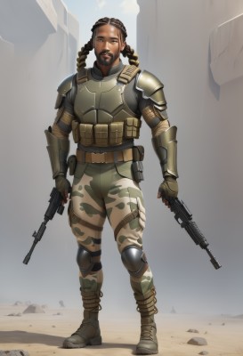 solo,brown hair,gloves,1boy,holding,brown eyes,full body,weapon,braid,male focus,boots,outdoors,sky,dark skin,fingerless gloves,holding weapon,armor,twin braids,gun,military,facial hair,dark-skinned male,holding gun,rifle,beard,assault rifle,knee pads,camouflage,desert,dreadlocks,long hair,looking at viewer,standing,pants,brown gloves,realistic,animification