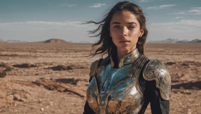 1girl,solo,long hair,looking at viewer,brown hair,black hair,brown eyes,jewelry,closed mouth,upper body,earrings,outdoors,sky,day,cloud,medium hair,armor,blurry,blue sky,lips,bodysuit,blurry background,wind,shoulder armor,pauldrons,breastplate,realistic,desert,floating hair,sand