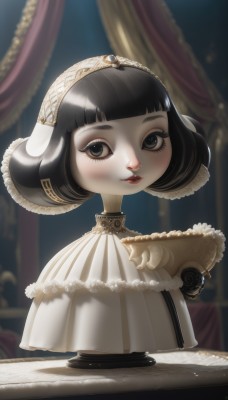 1girl,solo,looking at viewer,short hair,bangs,black hair,dress,upper body,hairband,parted lips,blunt bangs,white dress,blurry,black eyes,lips,eyelashes,makeup,blurry background,bob cut,lipstick,curtains,lace trim,lace,red lips,joints,doll joints,blush,smile,holding,jewelry,closed mouth,frills,indoors,from side,capelet,table