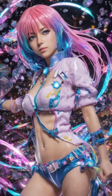 1girl,solo,long hair,breasts,looking at viewer,blue eyes,navel,cleavage,jewelry,medium breasts,blue hair,pink hair,multicolored hair,cowboy shot,shorts,midriff,belt,two-tone hair,lips,short shorts,gradient hair,realistic,nose,navel piercing,watermark,blue shorts