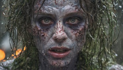 1girl,solo,looking at viewer,open mouth,green eyes,parted lips,green hair,teeth,blurry,lips,wet,blood,depth of field,blurry background,portrait,close-up,rain,blood on face,realistic,red lips,wet hair,smile,black hair,grey eyes,plant