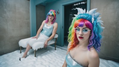 1girl,solo,long hair,breasts,looking at viewer,smile,bangs,blue eyes,hair ornament,dress,cleavage,bare shoulders,jewelry,medium breasts,sitting,blue hair,full body,pink hair,purple hair,multicolored hair,small breasts,shoes,glasses,sleeveless,indoors,necklace,nail polish,white dress,mole,bracelet,two-tone hair,lips,eyelashes,strapless,gradient hair,makeup,multiple views,chair,white footwear,lipstick,strapless dress,eyeshadow,personification,realistic,round eyewear,long dress,red lips,slippers,reference inset,red hair,sunglasses