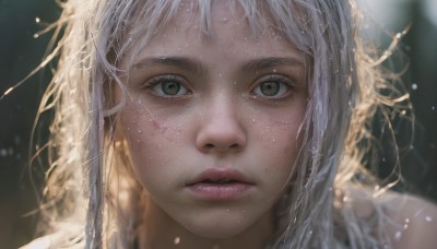 1girl,solo,long hair,looking at viewer,brown eyes,closed mouth,white hair,parted lips,blurry,lips,wet,grey eyes,eyelashes,depth of field,blurry background,expressionless,messy hair,portrait,close-up,freckles,realistic,nose,wet hair,bangs,green eyes,light particles,water drop