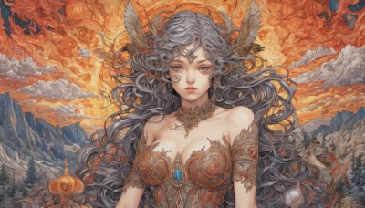 1girl,solo,long hair,breasts,looking at viewer,blue eyes,large breasts,cleavage,bare shoulders,jewelry,medium breasts,collarbone,upper body,grey hair,earrings,outdoors,wings,sky,pointy ears,cloud,necklace,tree,lips,grey eyes,bird,wavy hair,cloudy sky,fire,head wings,gem,mountain,fantasy,hair ornament,feathers