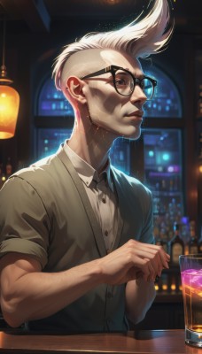 solo,shirt,1boy,sitting,white shirt,upper body,white hair,short sleeves,male focus,glasses,collared shirt,artist name,indoors,blurry,cup,lips,dress shirt,buttons,blurry background,facial hair,cardigan,own hands together,alcohol,drinking glass,black-framed eyewear,realistic,nose,glass,old,old man,bar (place),wrinkled skin,closed mouth,vest,window,night,bottle,web address,beard,sleeves rolled up,lamp,arm hair,mohawk