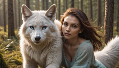 1girl,solo,long hair,breasts,looking at viewer,blue eyes,brown hair,shirt,cleavage,brown eyes,medium breasts,closed mouth,collarbone,upper body,outdoors,parted lips,day,blurry,tree,lips,depth of field,blurry background,animal,nature,forest,realistic,nose,wolf,teeth,signature,sunlight,dog