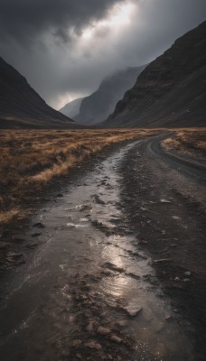 outdoors,sky,cloud,water,no humans,ocean,cloudy sky,nature,scenery,reflection,mountain,river,landscape,shore,day,sunlight,rock,sand,road,mountainous horizon,puddle