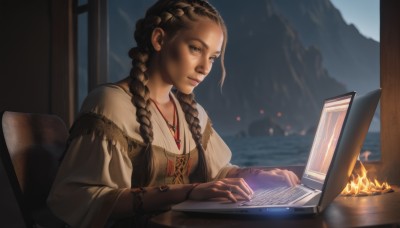 1girl,solo,long hair,brown hair,black hair,long sleeves,brown eyes,jewelry,sitting,closed mouth,upper body,braid,indoors,necklace,blurry,twin braids,lips,night,chair,table,fire,hair over shoulder,mountain,realistic,nose,computer,laptop,multiple braids,blue eyes,dress,sky,window