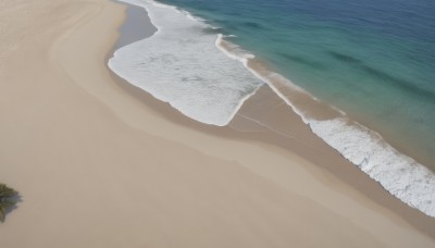 1girl,solo,outdoors,sky,day,water,no humans,ocean,beach,scenery,sand,horizon,waves,shore,desert,footprints,shadow,from above