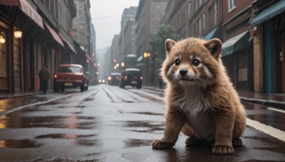 blue eyes,outdoors,day,blurry,no humans,window,animal,ground vehicle,building,scenery,motor vehicle,rain,city,realistic,car,road,animal focus,lamppost,street,whiskers,traffic light,crosswalk,bus,looking at viewer,standing,sky,solo focus,blurry background