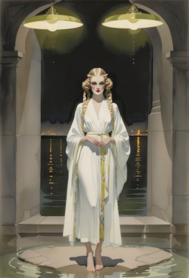 1girl,solo,long hair,looking at viewer,blonde hair,brown hair,hair ornament,long sleeves,dress,closed mouth,standing,full body,braid,sky,barefoot,indoors,wide sleeves,water,nail polish,white dress,black eyes,twin braids,makeup,night,own hands together,lipstick,pale skin,red nails,eyeshadow,reflection,toenails,robe,toenail polish,red lips,ripples,pillar,white robe,breasts,blush,smile,multicolored hair,horns,two-tone hair,lips,gradient hair,toes,stairs