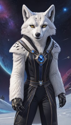 1girl,solo,breasts,looking at viewer,animal ears,jewelry,closed mouth,standing,yellow eyes,cowboy shot,outdoors,sky,belt,pants,artist name,signature,night,facial mark,black pants,moon,ring,wolf ears,gem,star (sky),night sky,claws,furry,snow,starry sky,colored sclera,furry female,space,body fur,white fur,planet,wolf,shooting star,black fur,galaxy,gloves,animal,gauntlets,earth (planet)