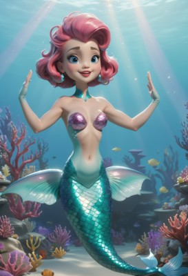 1girl,solo,breasts,looking at viewer,blush,smile,short hair,blue eyes,navel,bare shoulders,jewelry,collarbone,swimsuit,full body,pink hair,red hair,earrings,small breasts,parted lips,teeth,artist name,signature,lips,hands up,makeup,ocean,watermark,sunlight,thick eyebrows,lipstick,monster girl,gem,fish,bubble,light rays,rock,underwater,red lips,scales,mermaid,shell,starfish,fins,coral,shell bikini,day,water,stomach,sparkle,detached collar,web address,curly hair,glint,air bubble,sunbeam,submerged