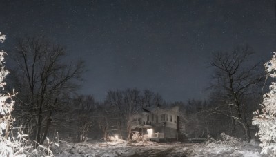 1girl,solo,dress,outdoors,sky,tree,no humans,night,fire,star (sky),nature,night sky,scenery,snow,forest,starry sky,ice,lantern,house,winter,bare tree,campfire,plant,building