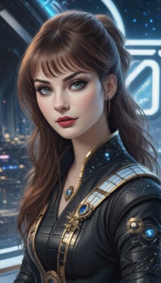 1girl,solo,long hair,breasts,looking at viewer,bangs,blue eyes,brown hair,jewelry,medium breasts,upper body,earrings,necklace,mole,blurry,lips,eyelashes,makeup,night,blurry background,lipstick,eyeshadow,half updo,freckles,science fiction,realistic,nose,red lips,closed mouth,green eyes,ponytail,artist name,signature,mole under eye,watermark,wavy hair,thick eyebrows,gem,eyeliner,mascara,neon lights