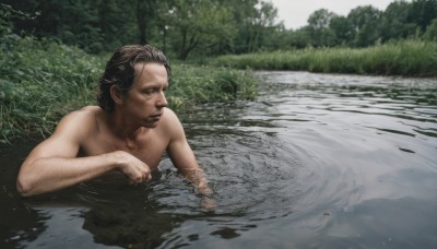 solo,brown hair,black hair,1boy,closed mouth,male focus,nude,outdoors,water,tree,facial hair,grass,nature,forest,partially submerged,reflection,realistic,bathing,ripples,river,lake,short hair,collarbone,upper body,day,looking to the side,leaf,topless male