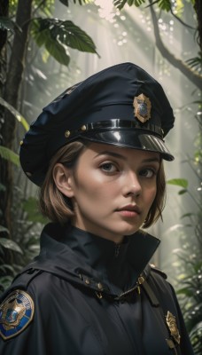 1girl,solo,looking at viewer,short hair,brown hair,hat,closed mouth,jacket,upper body,outdoors,day,blurry,uniform,black eyes,tree,lips,black jacket,grey eyes,military,black headwear,military uniform,blurry background,leaf,sunlight,nature,forest,freckles,military hat,realistic,nose,badge,police,police uniform,policewoman,police hat,blue eyes,parted lips,portrait,peaked cap,emblem