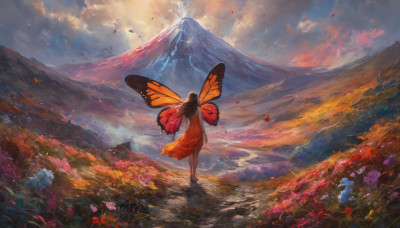 1girl, solo, long hair, dress, standing, flower, outdoors, wings, sky, barefoot, cloud, from behind, petals, dutch angle, red dress, cloudy sky, bug, butterfly, scenery, mountain, fairy, field, flower field, butterfly wings, orange dress, landscape, mountainous horizon