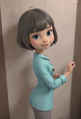 1girl,solo,looking at viewer,smile,short hair,bangs,blue eyes,brown hair,shirt,black hair,long sleeves,closed mouth,standing,ass,ahoge,cowboy shot,looking back,pants,nail polish,from side,lips,bob cut,blue shirt,child,pajamas,female child,breasts,blush,loli,eyelashes,bottomless,no pants