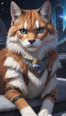 solo,looking at viewer,blue eyes,jewelry,sitting,closed mouth,green eyes,sky,no humans,night,animal,cat,building,gem,star (sky),night sky,armlet,starry sky,animal focus,white fur,fluffy,artist name,necklace,watermark,space