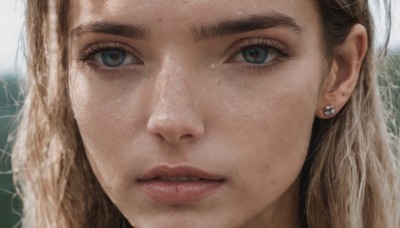 1girl,solo,long hair,looking at viewer,blue eyes,blonde hair,brown hair,jewelry,earrings,parted lips,teeth,lips,eyelashes,portrait,close-up,freckles,realistic,nose,eye focus,mole on cheek