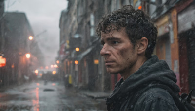 solo, black hair, 1boy, closed mouth, jacket, upper body, male focus, outdoors, bag, blurry, blurry background, facial hair, backpack, building, rain, city, realistic, stubble