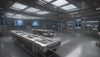 indoors,no humans,window,shadow,sunlight,scenery,science fiction,ground vehicle,motor vehicle,realistic,clock,monitor,vehicle focus,spacecraft,cockpit