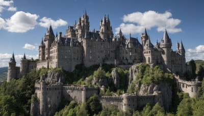 outdoors,sky,day,cloud,water,tree,blue sky,no humans,ocean,cloudy sky,building,nature,scenery,forest,mountain,fantasy,castle,tower,landscape,cliff,bridge