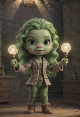 1girl,solo,long hair,looking at viewer,hair ornament,holding,green eyes,standing,jacket,full body,hairband,boots,parted lips,green hair,open clothes,shoes,indoors,blurry,lips,buttons,blurry background,colored skin,child,curly hair,unbuttoned,female child,lamp,green skin,smile,open mouth,shirt,long sleeves,jewelry,teeth,pants,artist name,necklace,chibi,vest,flat chest,open jacket,bodysuit,depth of field,watermark,wavy hair,brown footwear,formal,blazer,suit,monster girl,instrument,web address,realistic,grey jacket,nose,ankle boots,plant girl,green pantyhose