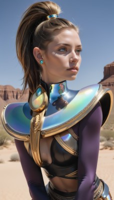 1girl,solo,long hair,breasts,blue eyes,brown hair,navel,cleavage,jewelry,medium breasts,closed mouth,upper body,ponytail,earrings,small breasts,outdoors,sky,day,midriff,armor,blue sky,lips,looking to the side,clothing cutout,looking away,cleavage cutout,high ponytail,realistic,nose,looking afar,hair pulled back,desert,parted lips,dark skin,covered nipples,dark-skinned female,makeup,stud earrings