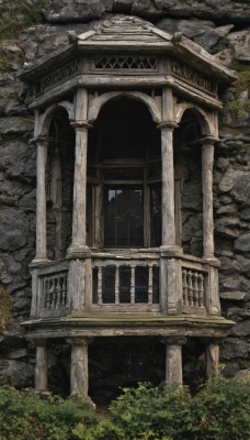 outdoors,day,tree,no humans,window,traditional media,grass,plant,building,nature,scenery,rock,stairs,door,bush,wall,architecture,ruins,pillar,arch,moss,column,stone wall,east asian architecture,shrine,stone