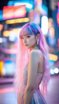 1girl,solo,long hair,looking at viewer,bangs,blue eyes,dress,bare shoulders,jewelry,closed mouth,blue hair,upper body,pink hair,multicolored hair,earrings,sleeveless,choker,artist name,blunt bangs,necklace,blurry,from side,two-tone hair,lips,see-through,makeup,sleeveless dress,depth of field,blurry background,watermark,purple dress,realistic,nose,neon lights,breasts,very long hair,purple hair,small breasts,signature,streaked hair,looking to the side,eyelashes,blue dress,wavy hair,lipstick,web address,eyeshadow,pink lips,backless outfit,backless dress,bokeh,mascara