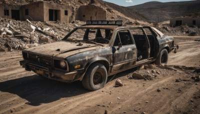 outdoors,no humans,shadow,ground vehicle,building,scenery,motor vehicle,rock,realistic,car,road,ruins,vehicle focus,debris,dust,rubble,truck,tire,sky,day,desert,sports car