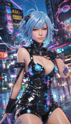 1girl,solo,breasts,looking at viewer,smile,short hair,bangs,large breasts,hair ornament,gloves,cleavage,bare shoulders,brown eyes,medium breasts,sitting,blue hair,black gloves,shiny,fingerless gloves,blurry,lips,shiny skin,clothing cutout,tattoo,blurry background,cleavage cutout,science fiction,shiny clothes,city,blue eyes,closed mouth,cowboy shot,outdoors,leotard,bodysuit,night,watermark,hand on own chest,building,realistic,cityscape,skyscraper,city lights,cyberpunk,neon lights