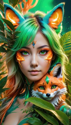 1girl,solo,long hair,breasts,looking at viewer,smile,bangs,animal ears,cleavage,medium breasts,closed mouth,green eyes,upper body,multicolored hair,green hair,artist name,orange hair,two-tone hair,lips,animal ear fluff,fox ears,eyelashes,gradient hair,makeup,animal,leaf,watermark,facial mark,plant,lipstick,portrait,web address,eyeshadow,freckles,nose,eyeliner,forehead jewel,fox,mascara,hair ornament,holding,bare shoulders,realistic,holding animal,animal hug