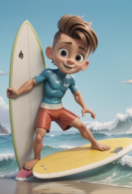 solo,looking at viewer,smile,open mouth,brown hair,1boy,holding,brown eyes,standing,full body,male focus,outdoors,sky,shorts,barefoot,teeth,day,cloud,water,black eyes,blue sky,bodysuit,ocean,beach,blue shirt,child,skin tight,sand,male child,male swimwear,waves,swim trunks,surfboard,wetsuit,short hair,muscular,pectorals