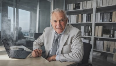 solo,looking at viewer,smile,shirt,long sleeves,1boy,sitting,closed mouth,jacket,white shirt,upper body,white hair,grey hair,male focus,necktie,collared shirt,indoors,book,window,facial hair,chair,formal,table,bottle,suit,beard,desk,smoke,realistic,grey jacket,bookshelf,computer,old,monitor,old man,laptop,keyboard (computer),office,wrinkled skin,black necktie,labcoat,grey necktie