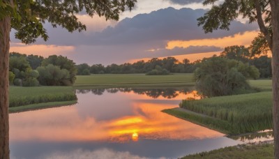 outdoors,sky,cloud,water,tree,no humans,cloudy sky,grass,nature,scenery,forest,reflection,sunset,sun,bush,river,evening,landscape,lake,gradient sky,orange sky,reflective water,sunlight,horizon,road