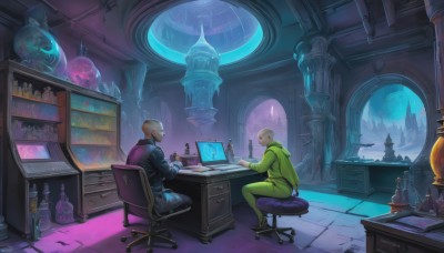 1girl,short hair,1boy,sitting,white hair,male focus,multiple boys,indoors,hood,2boys,book,window,hoodie,chair,bottle,scenery,desk,science fiction,computer,bald,monitor,spacecraft,globe,hologram,facial hair,chess piece,board game