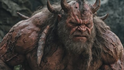 solo,long hair,1boy,closed mouth,upper body,white hair,male focus,outdoors,horns,armor,blurry,blood,muscular,blurry background,facial hair,scar,shoulder armor,beard,realistic,old man,tusks,looking at viewer,black hair,pointy ears,thick eyebrows,veins,manly