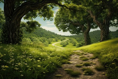 flower,outdoors,sky,day,cloud,tree,blue sky,no humans,sunlight,cloudy sky,grass,plant,nature,scenery,forest,road,bush,field,green theme,landscape,path