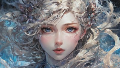 1girl,solo,long hair,looking at viewer,blue eyes,blonde hair,closed mouth,parted lips,lips,eyelashes,makeup,floating hair,lipstick,portrait,close-up,realistic,nose,red lips,bangs,hair ornament,flower,choker,hair flower,expressionless,wind