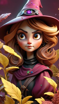 1girl,solo,long hair,brown hair,hat,brown eyes,jewelry,closed mouth,upper body,earrings,puffy sleeves,artist name,cape,lips,looking to the side,witch hat,leaf,looking away,thick eyebrows,feathers,plant,freckles,curly hair,nose,witch,dress,orange hair,orange eyes